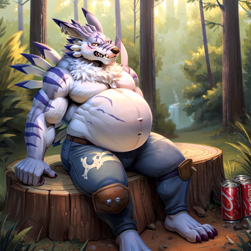 solo, weregarurumon, muscular, muscle gut, round belly, hyper belly, belly inflating, shirtless, jeans, embarrassed, blushing, sitting on stump, pile of soda cans, forest