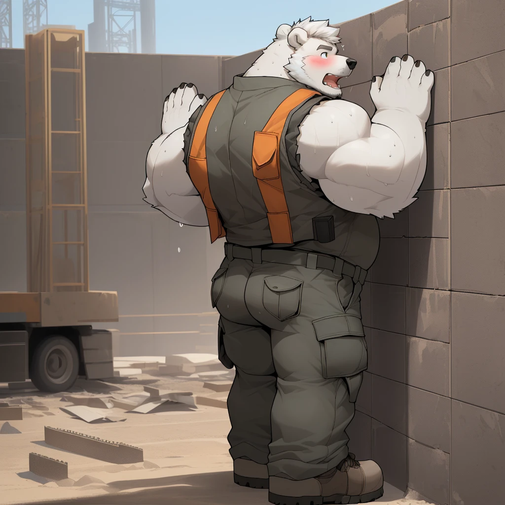 masterpiece, best quality, 8k resolution, Very detailed, hairy,(((polar bear)),(((Mature))),(((beard))),(((Strong))),(((White hair all over body))),(((portrait))),(((White hair))),(((Construction Site))),For the audience,(((White sports vest))),(((Back against the wall))),(((Open mouth))),Highest quality scene,Solitary,solitary,(((whole body))),(((Shameful))),(((Blushing))),((( Raise your hands))),(((Legs apart))),(((sweaty))),((Fat-enclosed muscle)),(((Round face))),(((alone))),(((Strong body))),(((Hip bulge))),(((Lifted clothes))),((sit on the floor)),(((Legs apart微微弯曲))),(((Gray cargo pants)))