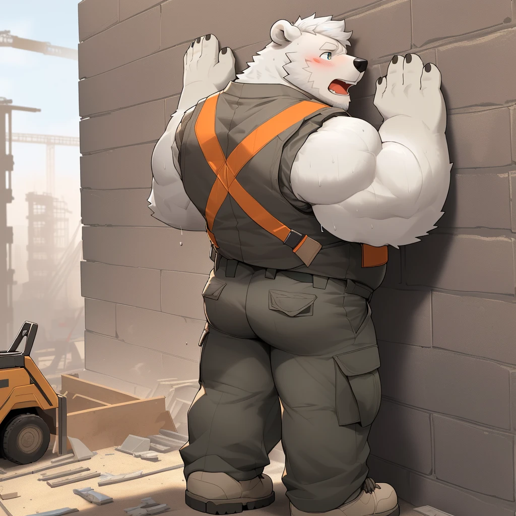 masterpiece, best quality, 8k resolution, Very detailed, hairy，(((polar bear))，(((Mature)))，(((beard))),(((Strong)))，(((White hair all over body)))，(((portrait)))，(((White hair)))，(((Construction Site)))，For the audience，(((White sports vest))),(((Back against the wall)))，(((Open mouth)))，Highest quality scene，Solitary，solitary，(((whole body)))，(((Shameful)))，(((Blushing)))，((( Raise your hands))),(((Legs apart)))，(((sweaty)))，((Fat-enclosed muscle))，(((Round face)))，(((alone)))，(((Strong body)))，(((Hip bulge)))，(((Lifted clothes)))，((sit on the floor))，(((Legs apart微微弯曲)))，(((Gray cargo pants)))