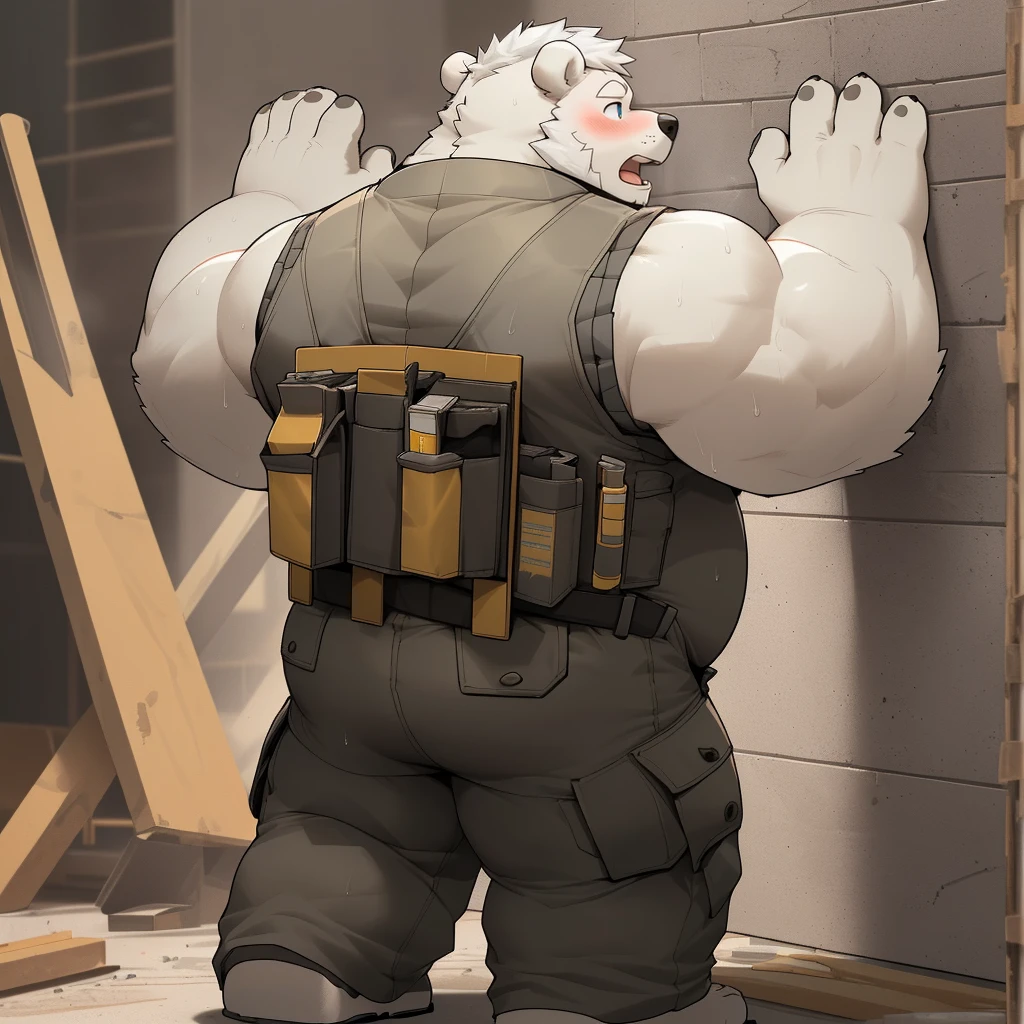 masterpiece, best quality, 8k resolution, Very detailed, hairy，(((polar bear))，(((Mature)))，(((beard))),(((Strong)))，(((White hair all over body)))，(((portrait)))，(((White hair)))，(((Construction Site)))，For the audience，(((White sports vest))),(((Back against the wall)))，(((Open mouth)))，Highest quality scene，Solitary，solitary，(((whole body)))，(((Shameful)))，(((Blushing)))，((( Raise your hands))),(((Legs apart)))，(((sweaty)))，((Fat-enclosed muscle))，(((Round face)))，(((alone)))，(((Strong body)))，(((Hip bulge)))，(((Lifted clothes)))，((sit on the floor))，(((Legs apart微微弯曲)))，(((Gray cargo pants)))