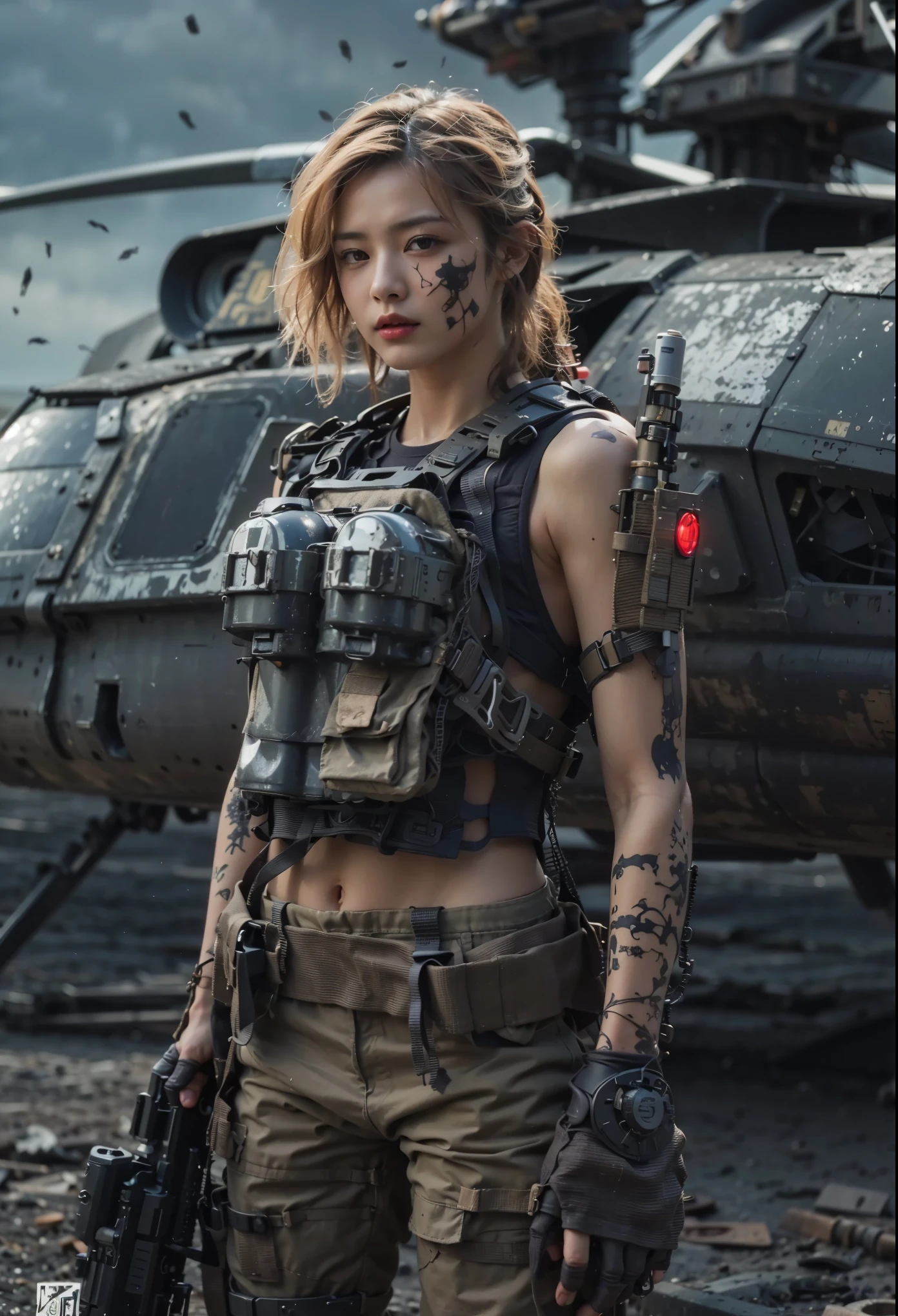 (1girl:1.3), solo, __body-parts__, doomsday wasteland style, sexy, shorts, dusty, stormy, dirty, gray tones, 8k resolution image, intricate symmetrical details. The whole picture is invincible and heroic, mainly a complete picture of a woman standing all over her body, with smooth movements and a confident expression.