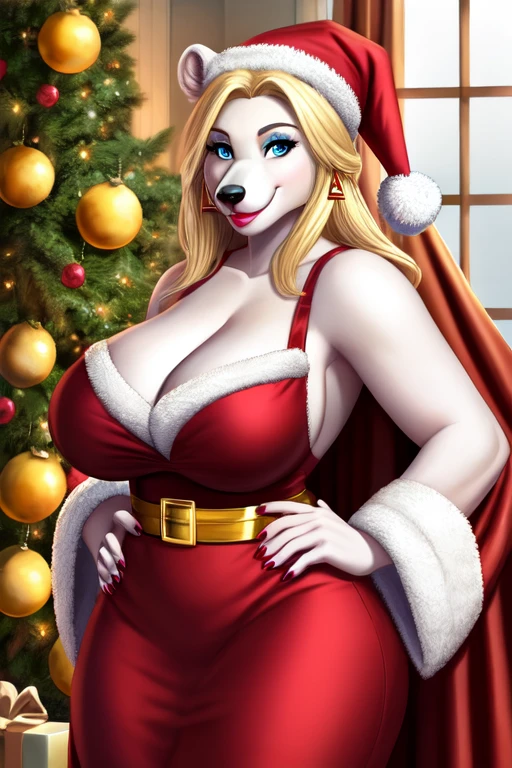 Blonde polar bear woman, wearing a backless Santa dress, perfect face, blue eyes, big breasts, cleavage, three-quarter view, solo, smile, perfect detailed body, pink lipstick, hand on hips, gold earring,