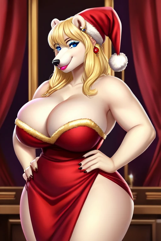 Blonde polar bear woman, wearing a backless Santa dress, perfect face, blue eyes, big breasts, cleavage, three-quarter view, solo, smile, perfect detailed body, pink lipstick, hand on hips, gold earring,