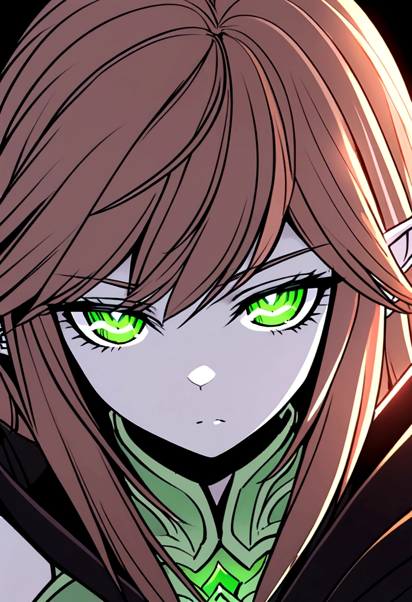 Young elven woman, pale skin, brown hair, green eyes, black short clothes, small, dark fantasy, long ears, bladedancer