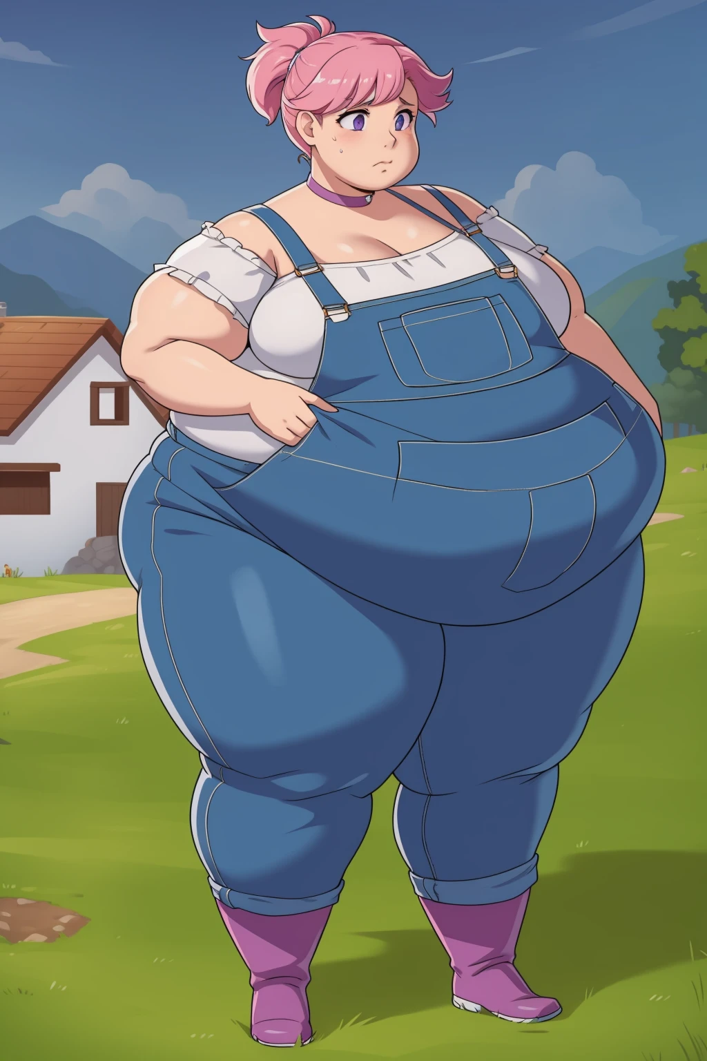 (Pale skin:1.0)Up close, Holding belly, hands on belly, outgrown clothes, (Sad:1.1), (Sad face:1.1)Pale skin, (Obese:1.1),fat, sad, farm backround, upper body, looking at viewer, 1girl, solo, short pink hair, (dark blue choker), (dark blue denim overalls), (purple eyes), (pink boots), (white shoulder lantern sleeve blouse, tucked in pants