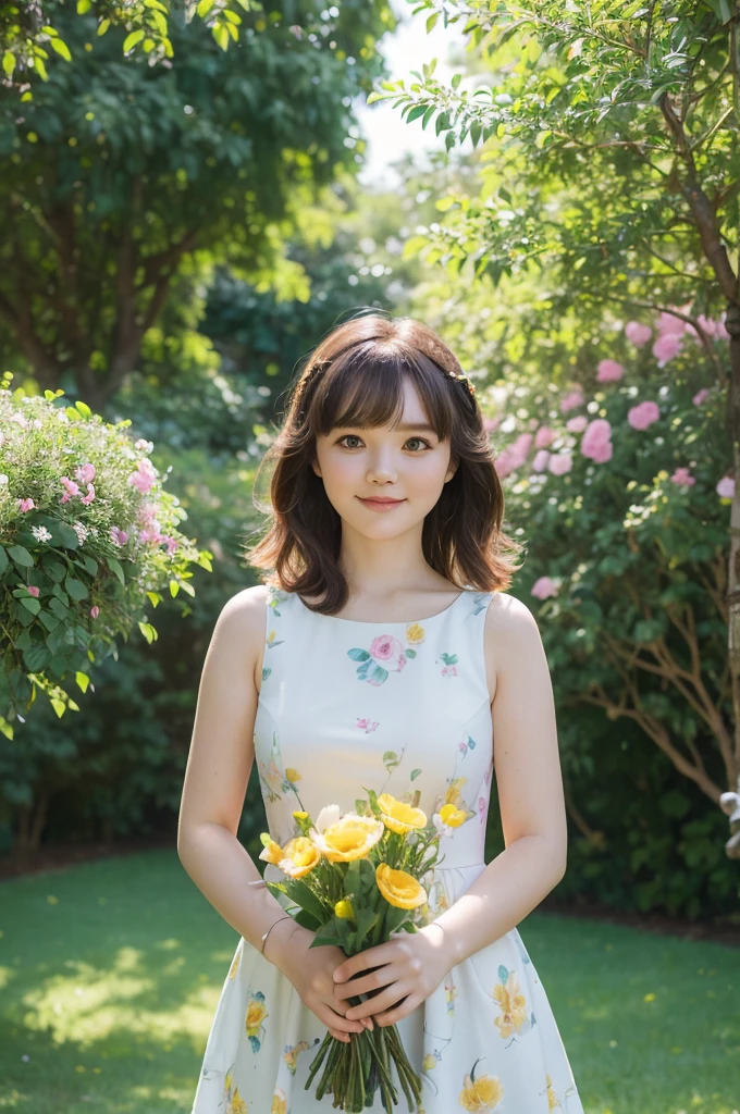 Girl with a Scottish Fold cat, (Highest quality, Realistic:1.37), Vibrant colors, Portraiture, Garden scenery, Soft lighting, Beautiful attention to detail, Beautiful lip detail, like々New Appearance, A kind smile, Bright colored dresses, Cat in arms, Colorful flowers and green trees々Surrounded by.