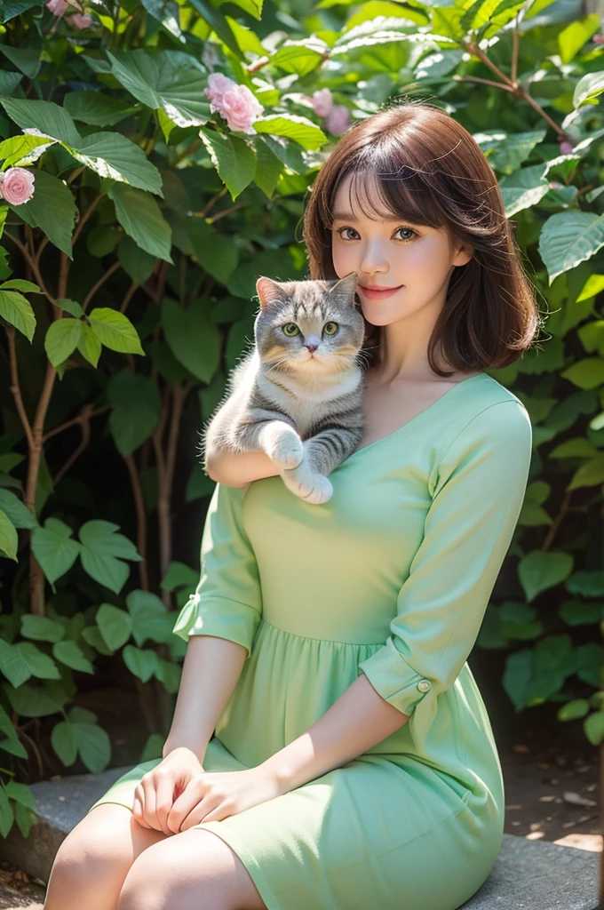 Girl with a Scottish Fold cat, (Highest quality, Realistic:1.37), Vibrant colors, Portraiture, Garden scenery, Soft lighting, Beautiful attention to detail, Beautiful lip detail, like々New Appearance, A kind smile, Bright colored dresses, Cat in arms, Colorful flowers and green trees々Surrounded by.
