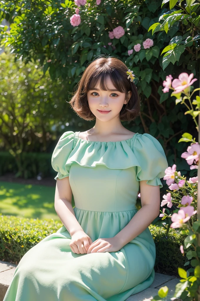 Girl with a Scottish Fold cat, (Highest quality, Realistic:1.37), Vibrant colors, Portraiture, Garden scenery, Soft lighting, Beautiful attention to detail, Beautiful lip detail, like々New Appearance, A kind smile, Bright colored dresses, Cat in arms, Colorful flowers and green trees々Surrounded by.