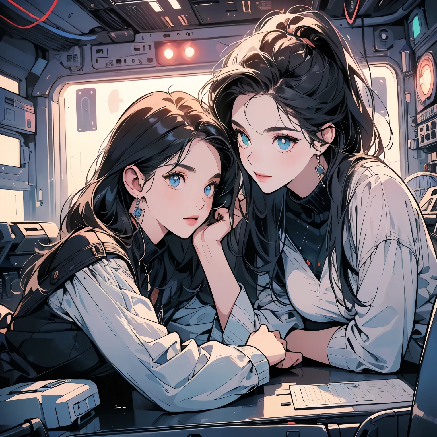  (((beautiful "Two women" leaning against each other))), inside a spaceship, perfect machine,  perfect face, zero gravity, outer space, lots of wires, switchboard, perfect and detailed machine, detailed hair, (((Various angles))), cockpit, most beautiful woman alive, (((head shot))) , Super detailed background, top quality,Various unique hairstyles, Ghost in the Shell, sparkling eye, Outer space in the background, Unique and perfect face, Pale Lighting,  (((Various eye colors))),(((lying))),(((eye contact))),(((looking at each other)))