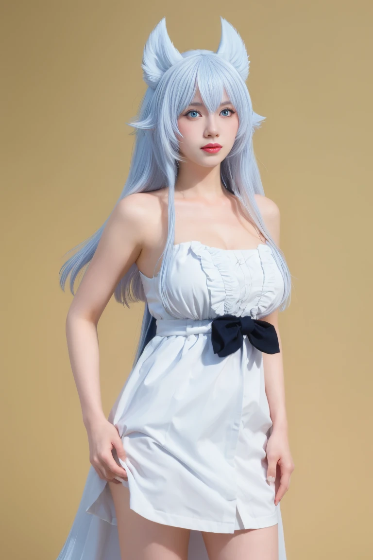 best quality, tmasterpiece,Ultra-high resolution,Clear face,（Reality：1.4），ferpect lighting，(upper body shot:1.5), (photorealistic:1.50), anime wallpaper, Guviz style artwork, cover-up fantasy up to magic , by Yang J, Guviz, beautiful artwork illustration, beautiful digital artwork, beautiful digital illustration, Li Song, beautiful anime portrait, art style in Beauvot,1girl, 独奏, long hair, Messy hair, (white hair), long hair, (animal ears:1.5), blue eyes, (white clothes),(white dress),bracelets, bare shoulders, Giant breast:1.3, plaid, gladiator sandals, standing, indoor, Curtain background,