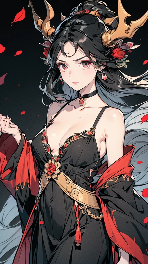 Seven Rhaeyar (Deylta), Ancient Star goddess, Perfect female anatomy (Royalty, Adult Female, 166cm in height, Cool pale skin, slim, slender, 34D breast size, Long Jet Black Hair, Gray Colored Iris , a set of Jet black colored horns on her head), Neutral facial expression, Elegant black uniform dress, female choker accessory with silver complimentary jewelry, dragon motifs, Black rope accessories, Simple Black Background, receiving light from the front, Slightly focusing on her face up close, Ethereal glow, Red Rose petals falling, Japanese inspired