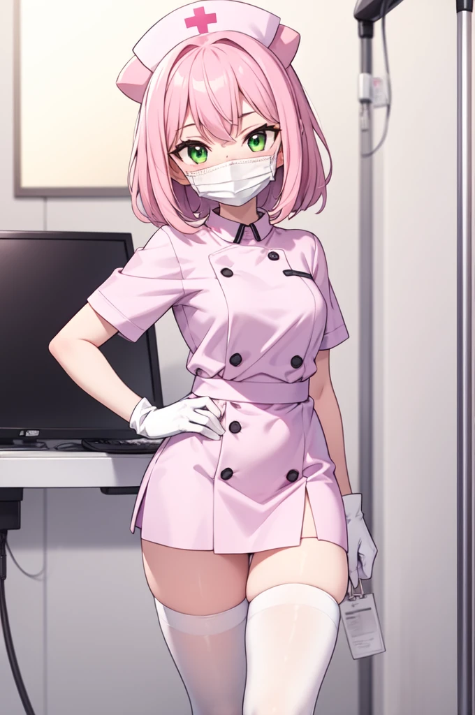 1girl, solo, nurse, white nurse cap, white nurse uniform, ((white legwear, zettai ryouiki)), white gloves, pink hair, green eyes, drooping eyes, ((white surgical mask, covered nose)), standing, ((hospital room)), sharp outline, short sleeves, best quality, masterpiece