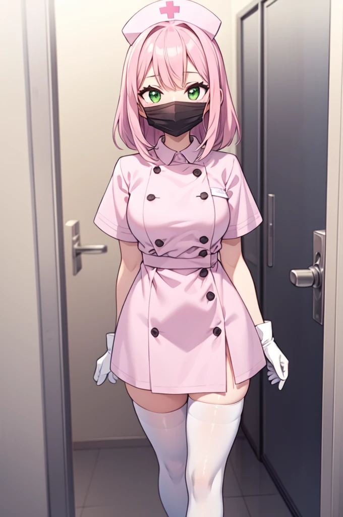 1girl, solo, nurse, white nurse cap, white nurse uniform, ((white legwear, zettai ryouiki)), white gloves, pink hair, green eyes, drooping eyes, ((white surgical mask, covered nose)), standing, ((hospital room)), sharp outline, short sleeves, best quality, masterpiece