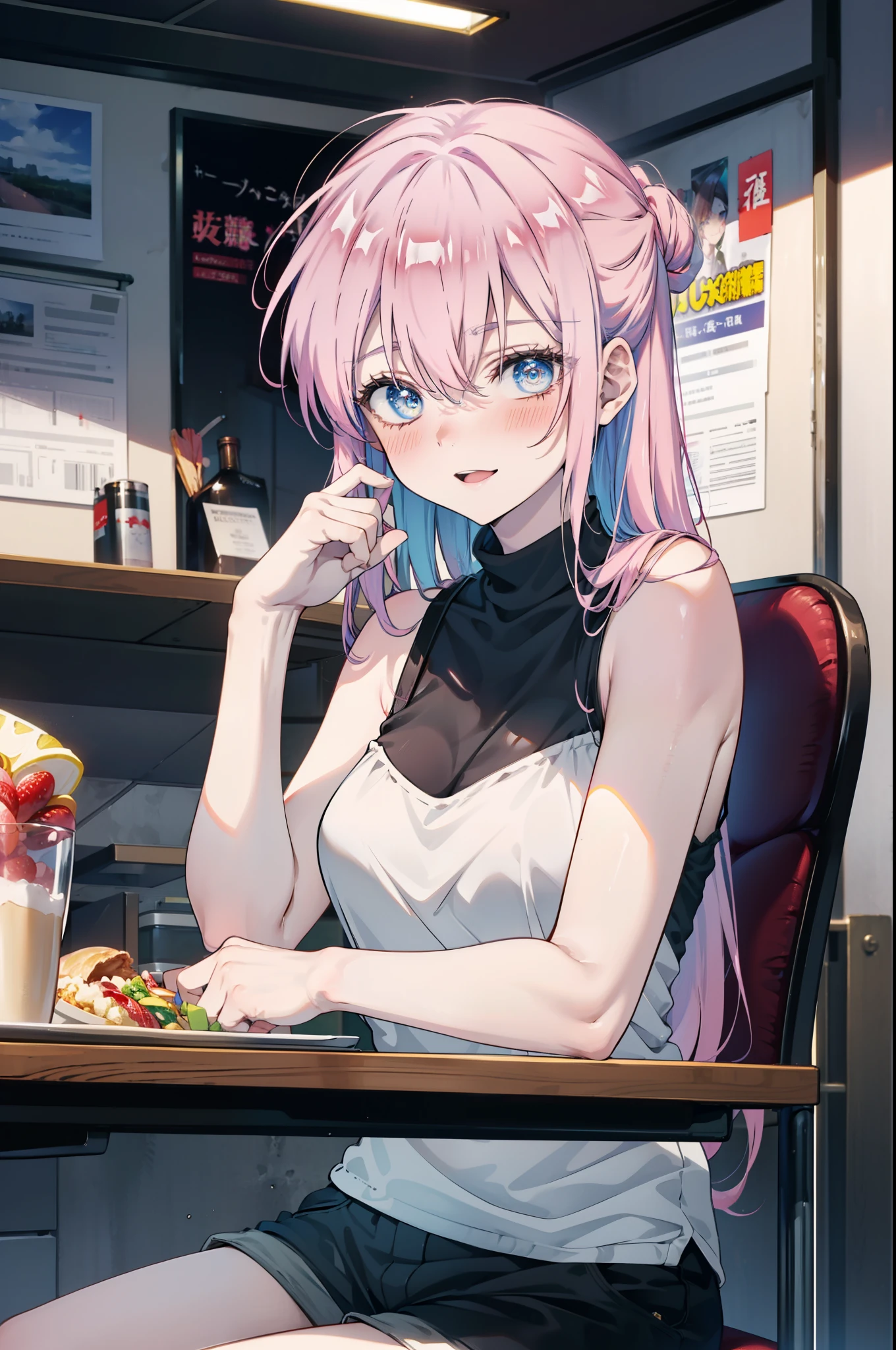 miyakoshikimori, miyako shikimori, Long Hair, blue eyes, Hair between the eyes, Pink Hair,ribbon, red ribbon,blush,smile,Open your mouth,Squint your eyes,black tank top shirt,Shorts,Sitting in a chair,There is food on the table,So that the whole body goes into the illustration,Resting one&#39;s chin on one&#39;s hand,
break looking at viewer,
break indoors, room,
break (masterpiece:1.2), Highest quality, High resolution, unity 8k wallpaper, (figure:0.8), (Beautiful attention to detail:1.6), Highly detailed face, Perfect lighting, Highly detailed CG, (Perfect hands, Perfect Anatomy),