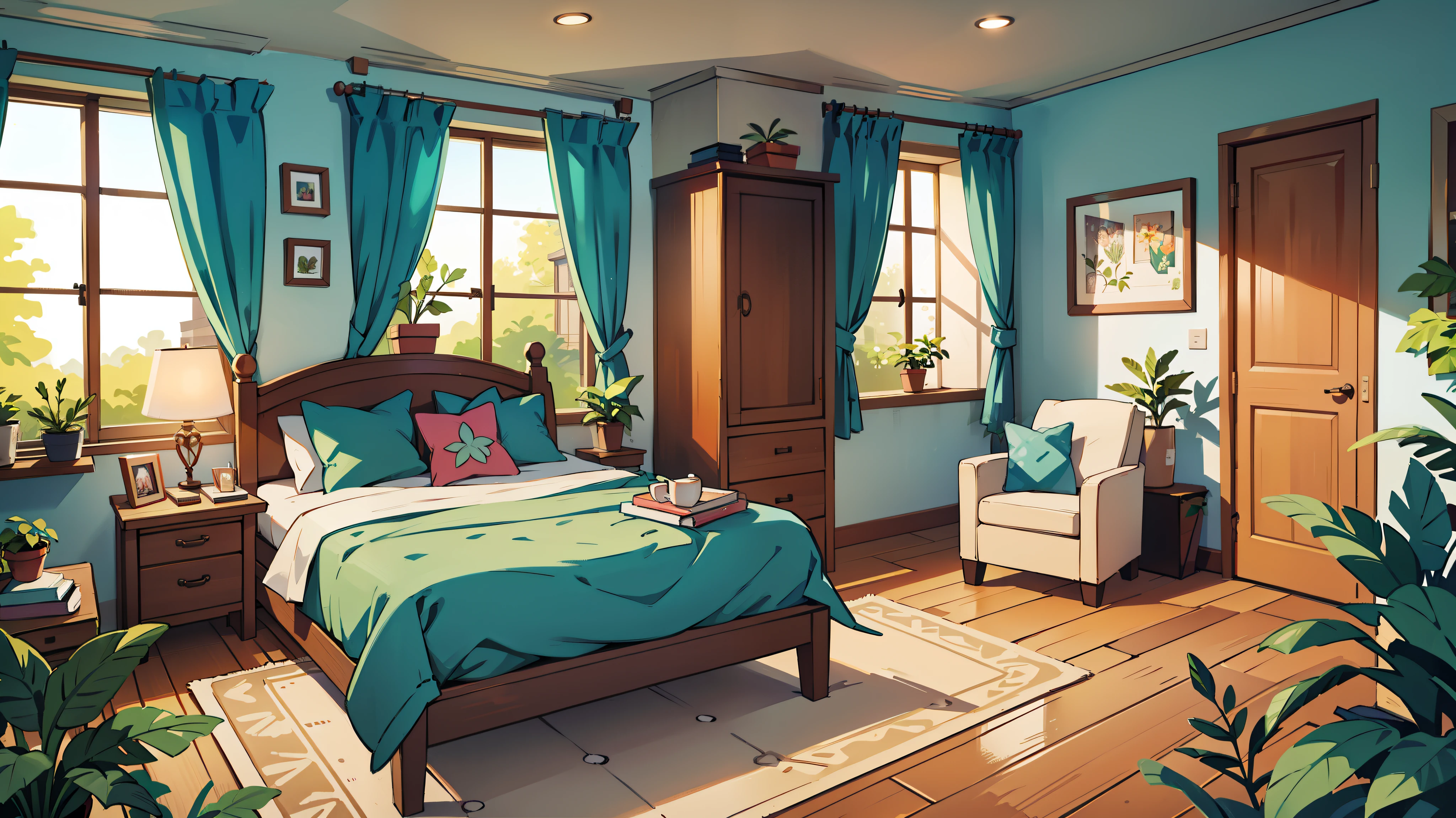 there is a double bedroom, bright sunny, some plants