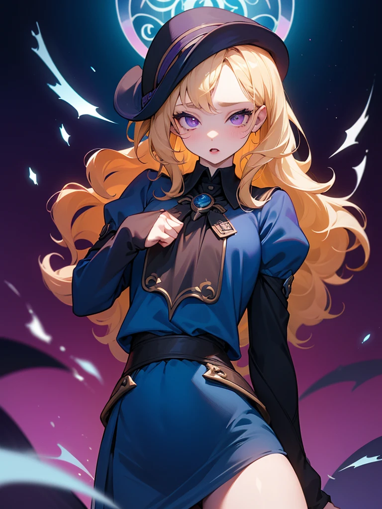 A young girl with curly blonde hair, pale skin, reddish lips, violet eyes, wearing the Ravenclaw uniform from Harry Potter, in an erotic pose showing her butt 