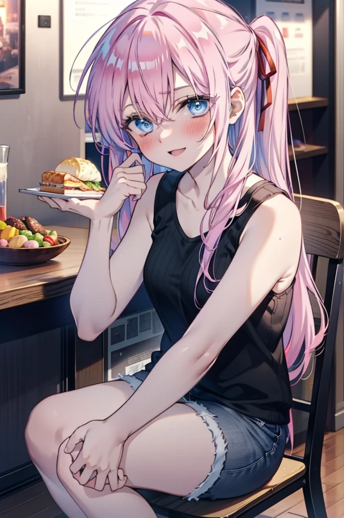 miyakoshikimori, miyako shikimori, Long Hair, blue eyes, Hair between the eyes, Pink Hair,ribbon, red ribbon,blush,smile,Open your mouth,Squint your eyes,black tank top shirt,Shorts,Sitting in a chair,There is food on the table,So that the whole body goes into the illustration,Resting one&#39;s chin on one&#39;s hand,
break looking at viewer,
break indoors, room,
break (masterpiece:1.2), Highest quality, High resolution, unity 8k wallpaper, (figure:0.8), (Beautiful attention to detail:1.6), Highly detailed face, Perfect lighting, Highly detailed CG, (Perfect hands, Perfect Anatomy),