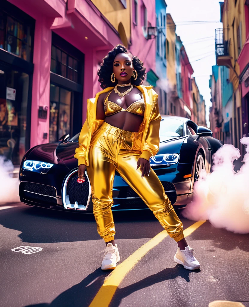 low angle shot through a fish eye lens of a black woman dressed in hiphop inspired clothes and sneakers, gold necklace and earrings, beautiful make up, standing in the middle of the street with a bugatti in the background drifting and creating smoke, beautiful and vibrant colours shining with iridescent light, music video inspired visuals.