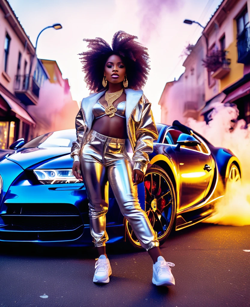 low angle shot through a fish eye lens of a black woman dressed in hiphop inspired clothes and sneakers, gold necklace and earrings, beautiful make up, standing in the middle of the street with a bugatti in the background drifting and creating smoke, beautiful and vibrant colours shining with iridescent light, music video inspired visuals.