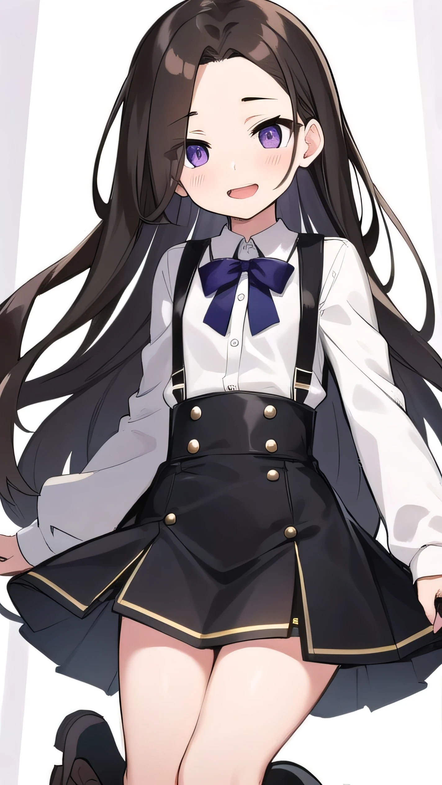 Brown hair, long hair, purple eyes,middle part，  wide forehead, white shirt, long sleeves, black corset, black miniskirt, black knee socks, middle school student, flat chest , short, narrow eyes, hanging eyes, forehead, straight hair, suspender, loud laughter