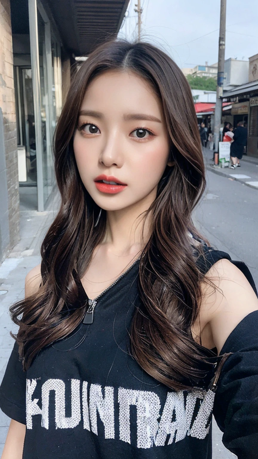 beautiful girl, Half Body Portrait, Short, bright red, messy hair, Black Eyeshadow, (Street Style Wear:1.2), (Urban Background:1.2), Heavy makeup, Digital Art, Trending on Art Station, highly detailed, The finer details, complicated, beautiful detailed glow, detailed, Cinematic Light, High resolution, detailed facial features,Sharp focus, Smooth, beautiful,