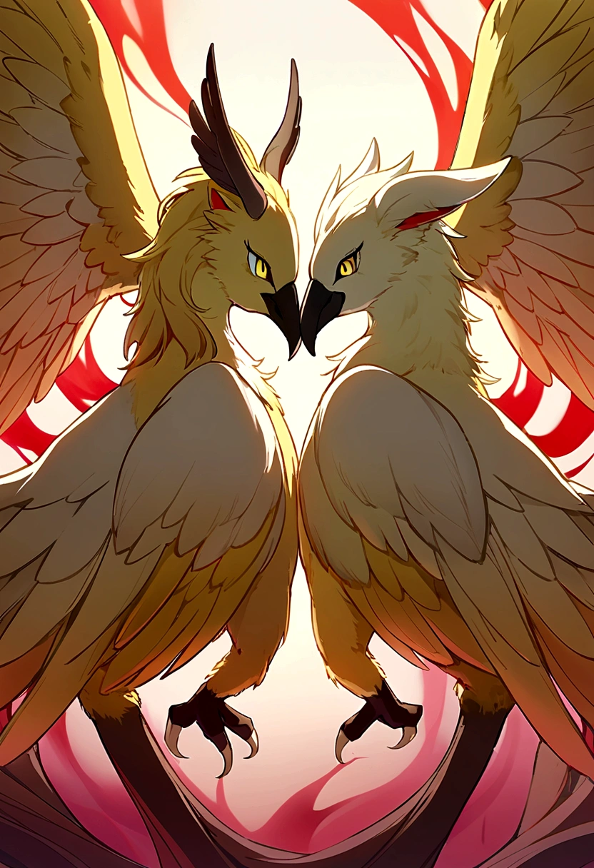 The eagle that like a lion and a dear , wings , 4 legs , ears , hair , green red aura , yellow tourqoise orange eyes , yellow fur , not a human , long horn , beak