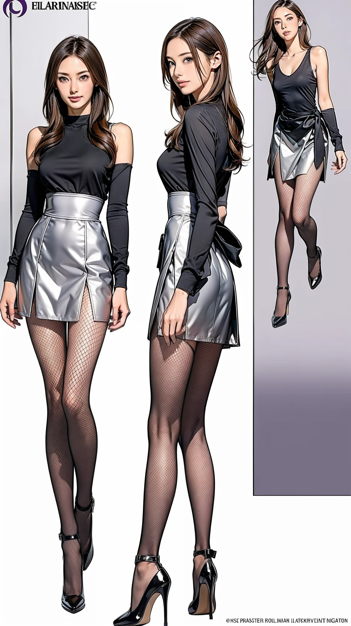 ((masterpiece)),(((Highest quality))),((Character design sheet)),Thin thighs,Long legs,wearing black fishnet tights:1.5，The best smile:1.5，Full Body Shot:1.5，masterpiece, Highest quality, One Girl, Elaina_(May_no_gossip), Silver Hair, Purple eyes, Long Hair,