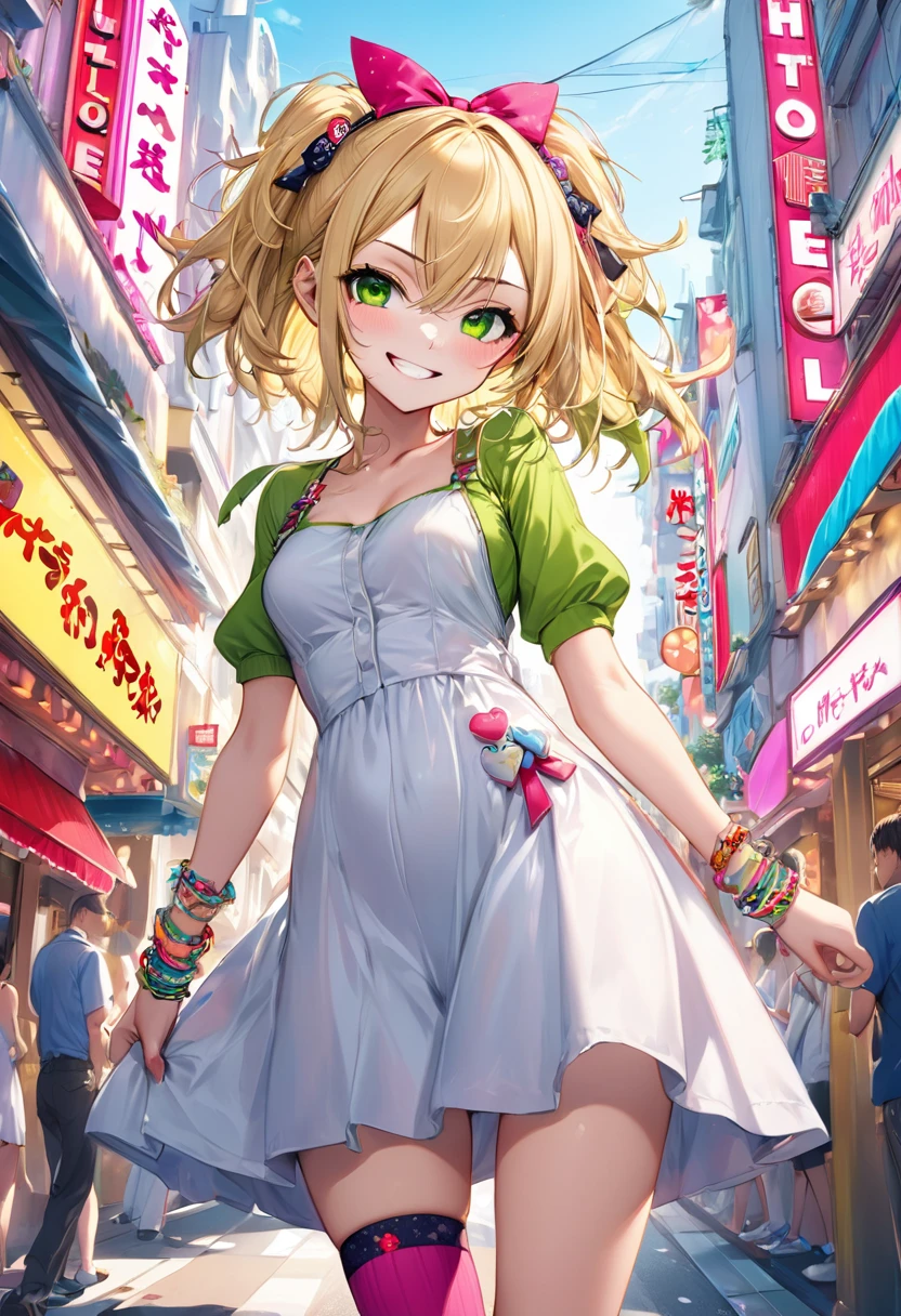 A mischievous girl with a sly grin, standing in a busy city. She has sharp, narrow eyes giving a teasing look, and her eyebrows are raised in a playful manner. She wears a with a playful twist:, funky socks, and a few quirky accessories like bracelets and hair clips.. in the city near a love hotel.,(masterpiece:1.3),(highest quality:1.4),(ultra detailed:1.5),High resolution,extremely detailed,unity 8k wallpaper, blonde hair, green eyes, wearing one piece dress