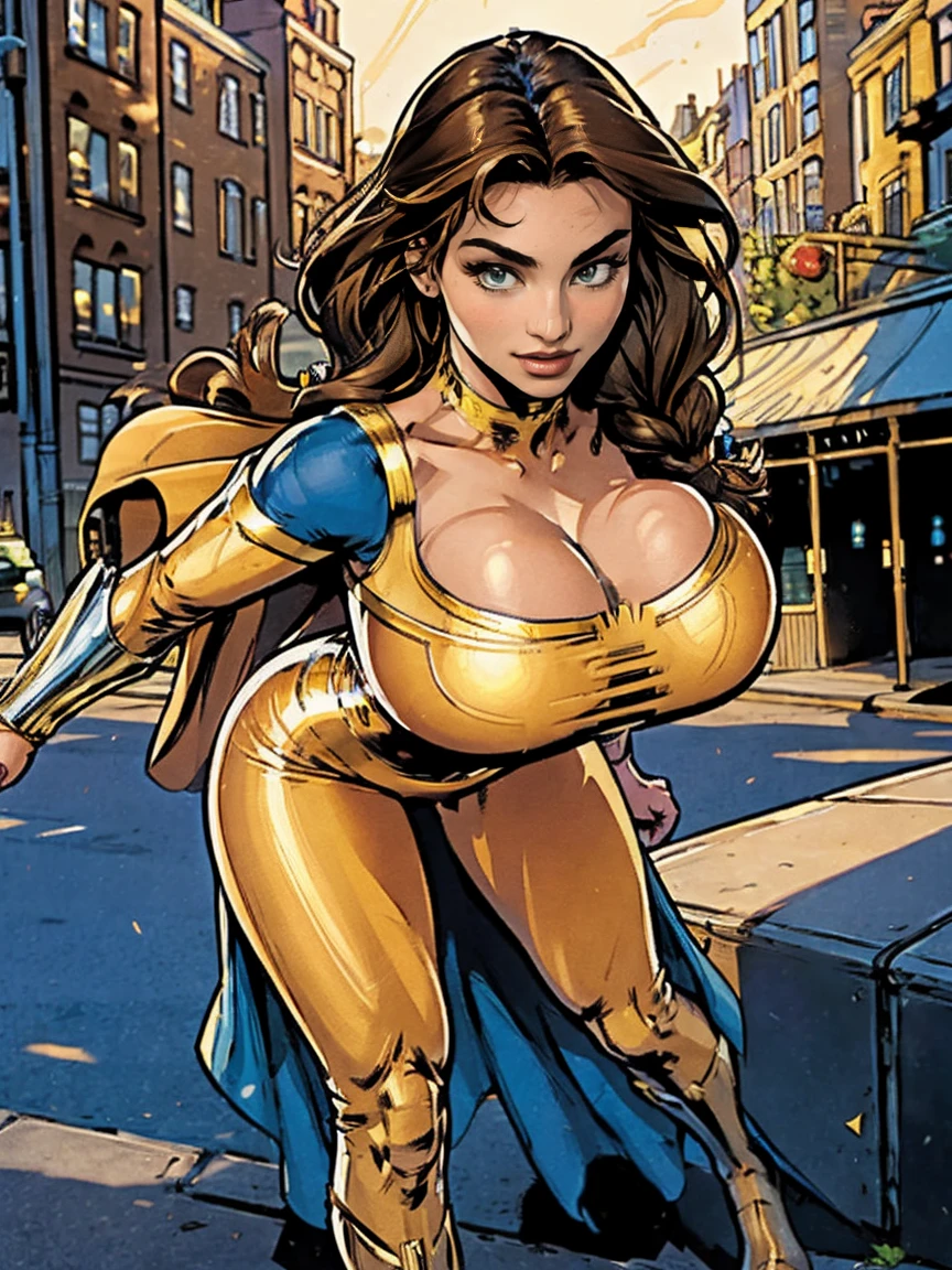 (masterpiece, top quality, best quality, official art, beautiful and aesthetic:1.2), (1girl:1.3), brown hair, braid, extremely detailed, portrait, looking at viewer, solo, (full body:0.6), detailed background, close up, mischievous eyes, (warm city superhero theme:1.1), pleasant smile, brunette, aquiline nose, green eyes, braid, ((gigantic breasts)), (thin), athletic, superhero. Wearing a white and gold superhero leotard, cape, gloves, thigh-high boots, slim waist, slim hips, long legs, modern (city street exterior:1.1) detailed background, bright optimistic lighting, shadows, magical atmosphere, dutch angle