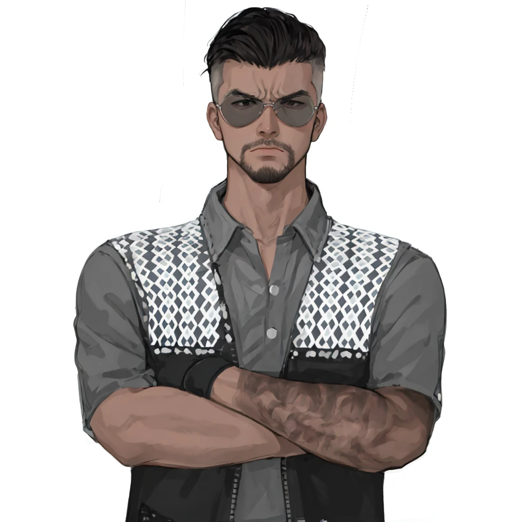 (masterpiece:1.2, best quality), (1men, solo, upper body:1.2),angry face,Hair: buzz cut, Clothing: oversized, distressed denim jacket with patches and pins, paired with black skinny jeans and combat boots, Hanging out in an underground music venue or street art exhibit