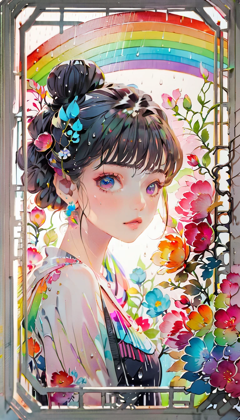 (((paper cutting style))), (frame of illustration is 3D paper cutting: 1.2), (random fashion), (random angle), (random hairstyle), (random hair color), (random hair length), 1 girl, rainbow, rain, unclear