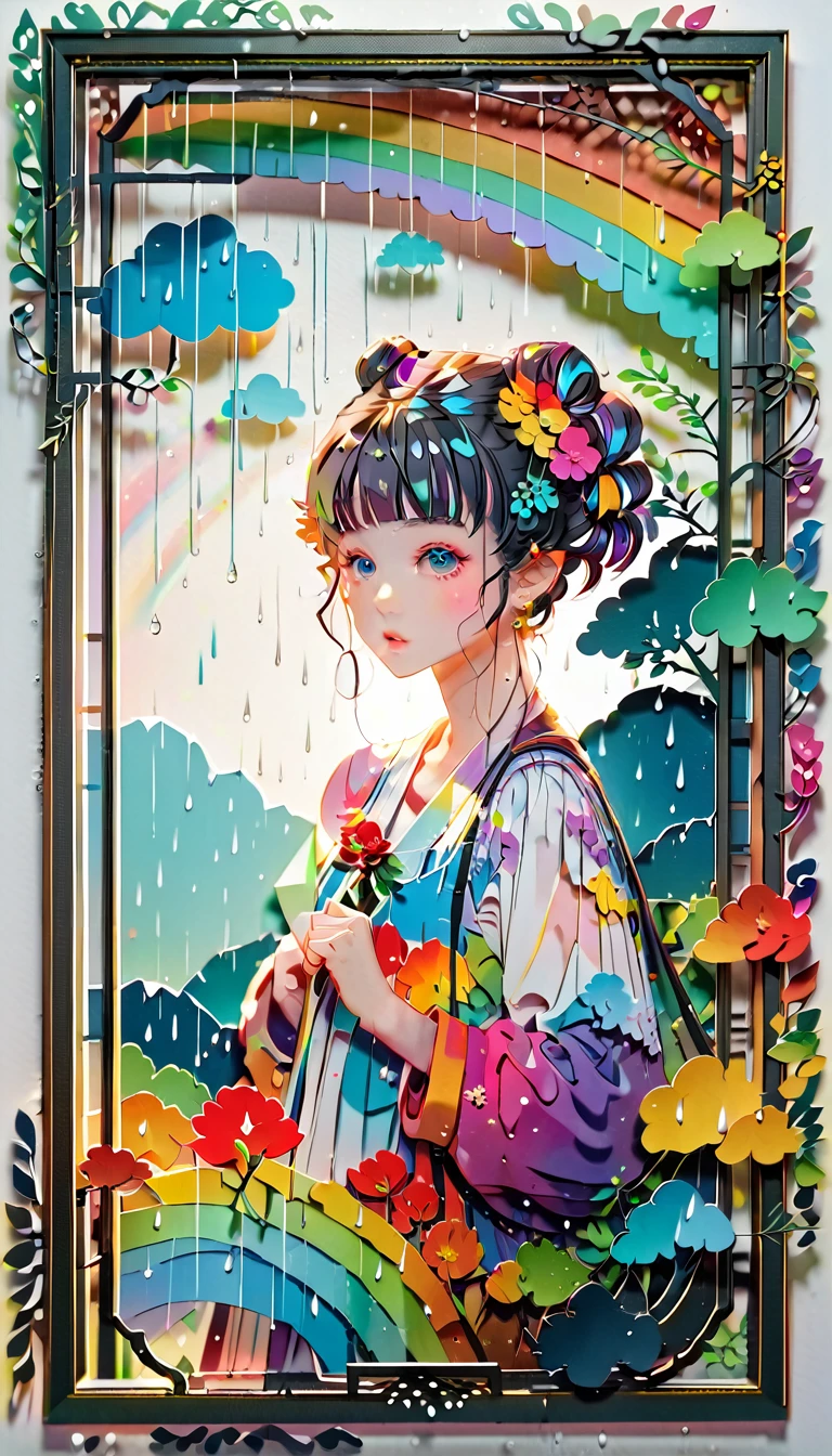 (((paper cutting style))), (frame of illustration is 3D paper cutting: 1.2), (random fashion), (random angle), (random hairstyle), (random hair color), (random hair length), 1 girl, rainbow, rain, unclear