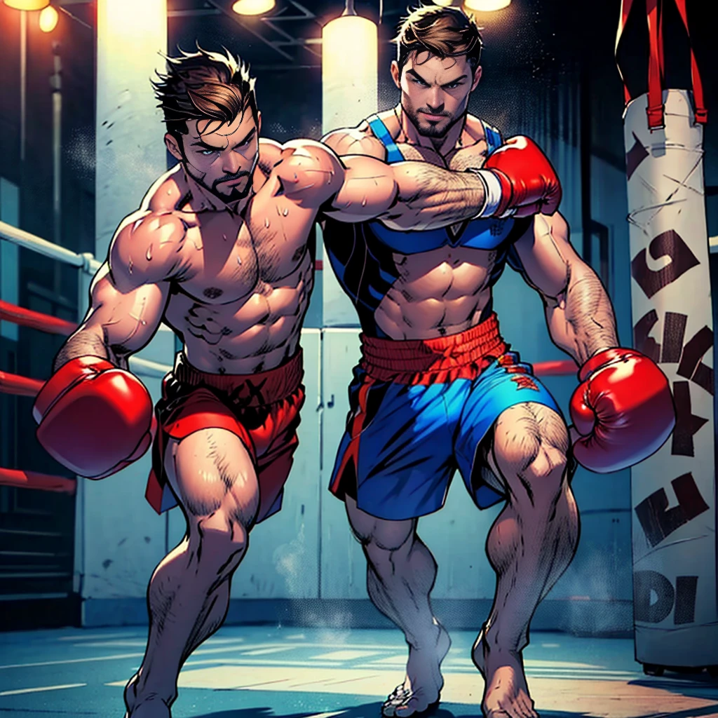 sexy mature daddy,stephen amell ,dark blond hair, stubble,beard and sexy moustache ,muscular , best quality, masterpiece, ultra high resolution, Detailed background illustration, single, muscles, Volumetric lighting, depth of field, beard, flow,wearing a boxing short , shirtless showing hard nipples , huge bulge, boxing gloves ,, martial artist, flow sweat, short dark blond hair, perfect eyes, barefoot, Boxing pose in the ring
