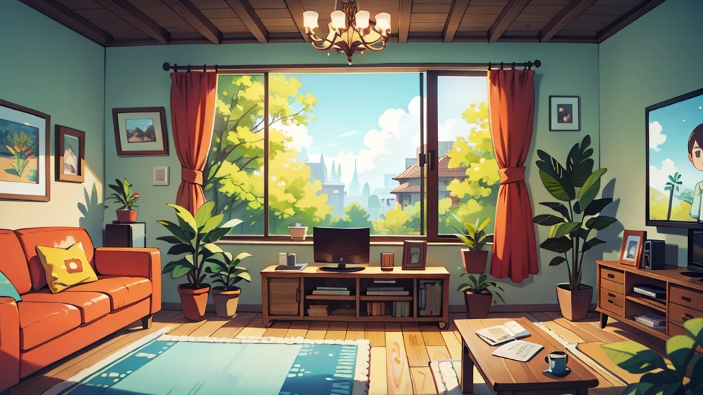There is a living room, bright sunny, some plants