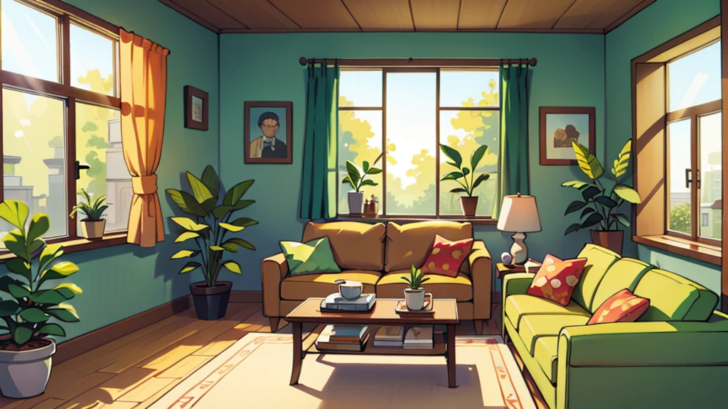 There is a living room, bright sunny, some plants