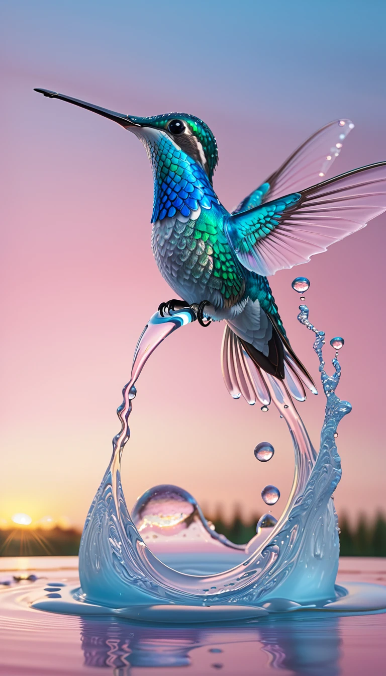 light blue hyper detailed water hummingbird made of ice, swamp on pastel pink sunrise, water drops, translucent glow, liquid, dynamic water flow, ultra_detailed,  8k.  masterpiece, trending on artstation, sharp focus, studio photo, intricate details, highly detailed, by greg rutkowski