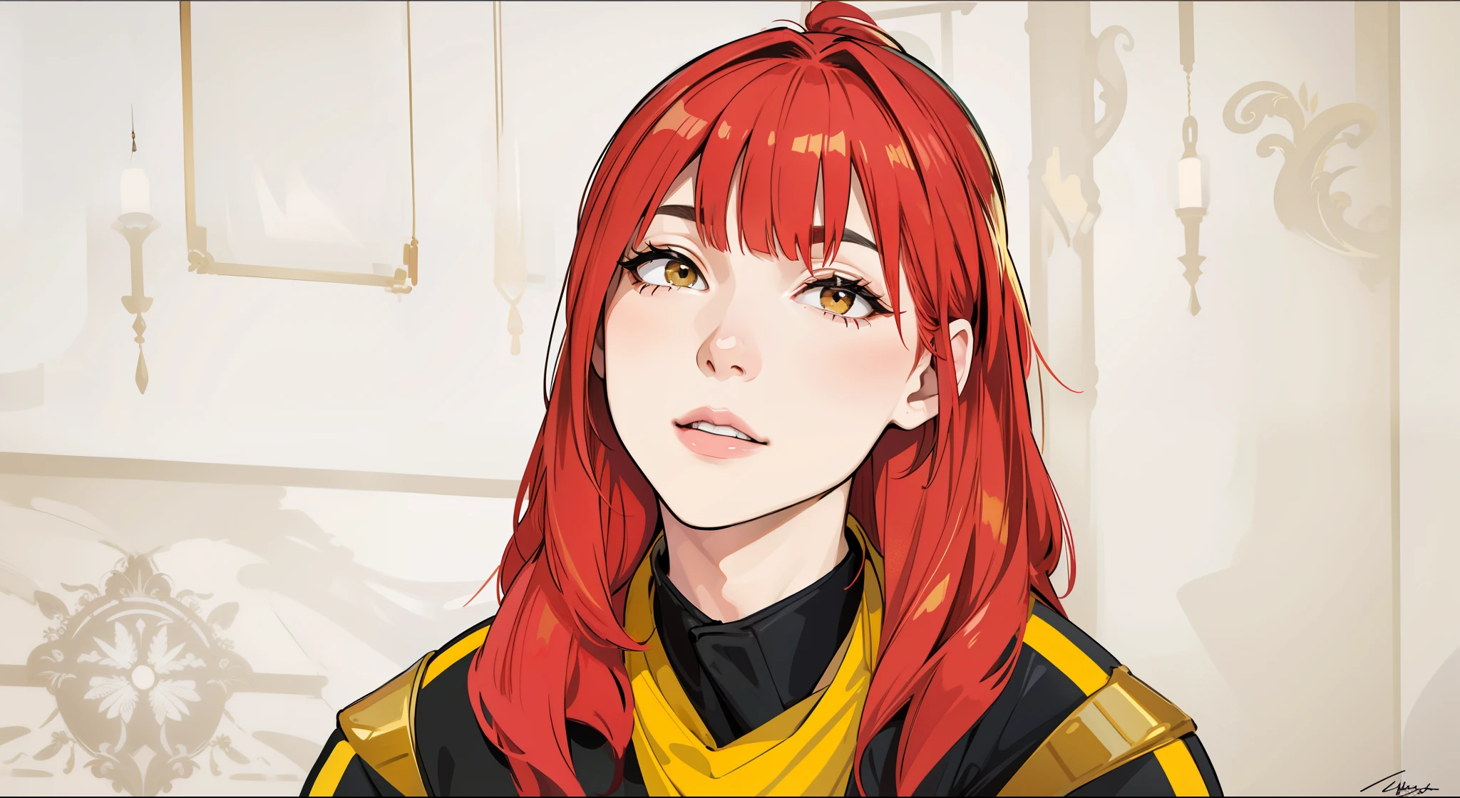 cute girl with red hair is talking to someone remembering something, He has a black suit with yellow and gold gilt decorations