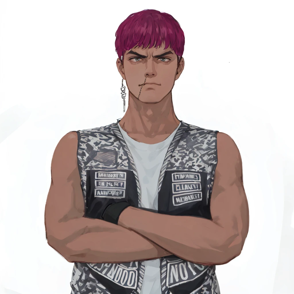 (masterpiece:1.2, best quality), (1men, solo, upper body:1.2),angry face,Hair: buzz cut, Clothing: oversized, distressed denim jacket with patches and pins, paired with black skinny jeans and combat boots, Hanging out in an underground music venue or street art exhibit