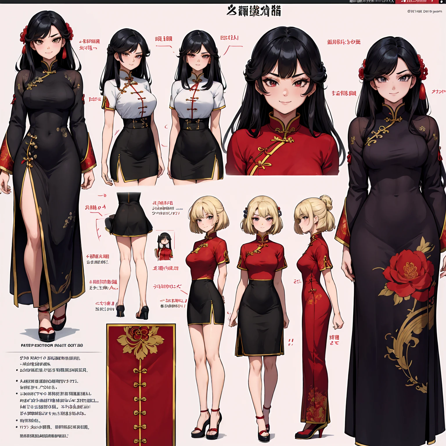 masterpiece, UHD, 4k, highres, ultra highres, hd, best quality, anime screencap, lineart, (1girl), smile, character design sheet, reference sheet, cheongsam, red cheongsam, wearing chinese cheongsam, black hair, long hair, (simple background), (white background),