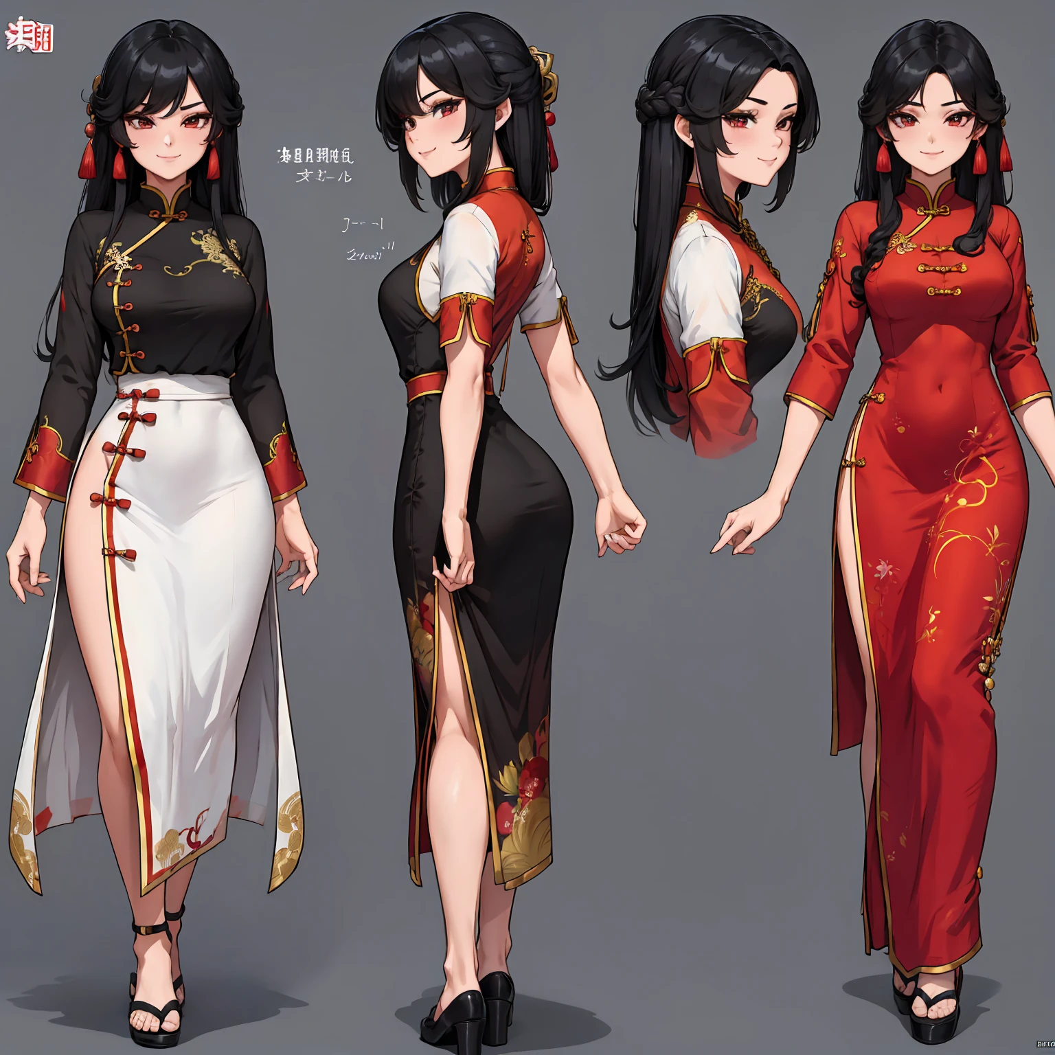 masterpiece, UHD, 4k, highres, ultra highres, hd, best quality, anime screencap, lineart, (1girl), smile, character design sheet, reference sheet, cheongsam, red cheongsam, wearing chinese cheongsam, black hair, long hair, (simple background), (white background),