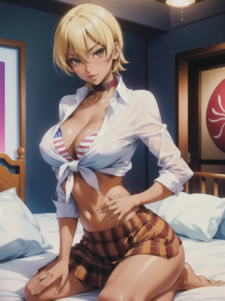 sex, ikumi mito, rear view, having sex, , masterpiece, best quality, 1girl, 1boy, penis, ikumi mito, beautiful woman, blush, luxury motel bedroom, bed, highly detailed, she is very sensually, skirt, shirt, midriff, collar, plaid, plaid skirt, tied shirt, flag print, american flag bikini top, white panties