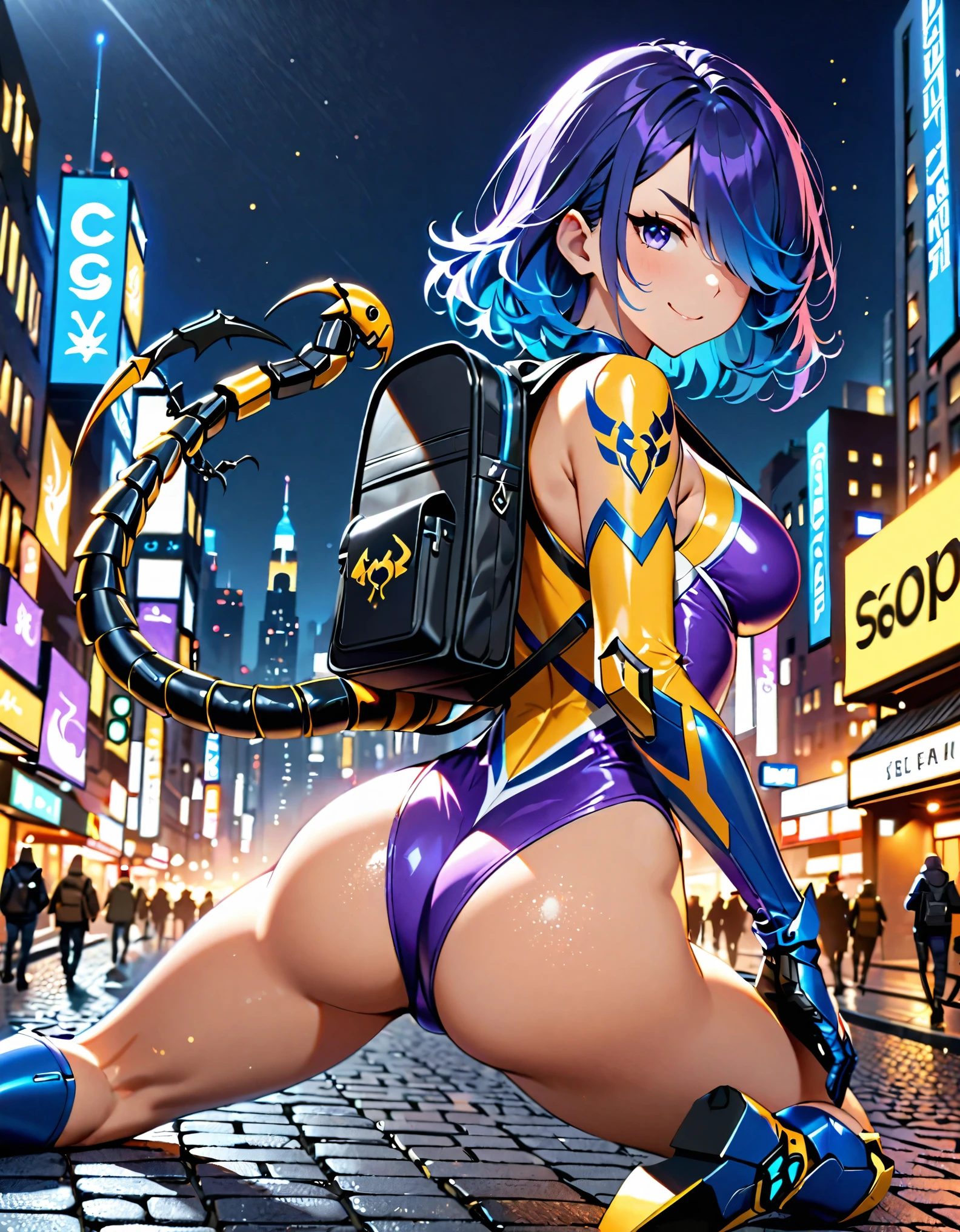 (masterpiece, best quality, high quality, highres:1.4), detailed, extremely detailed, ambient soft lighting, 4K, 1lady, solo, solo focus, beautiful french woman, perfect anatomy, medium breasts, (leotard, purple and blue leotard with white accents, bare legs), ((yellow scorpion (symbol) on chest)). boots, matching boots, (perfect hands:1.2), gloves, matching gloves, blue hair, medium hair, (hair over one eye:1.3), purple eyes, beautiful detailed eyes, beautiful detailed face, full body. (crawling on all fours, crawling position). v-shaped eyebrows, smile, (city backdrop, pavement), (rear-view, back view, bird's-eye view), (metal backpack, robot scorpion tail from her back), smoke particles. full body costume design.