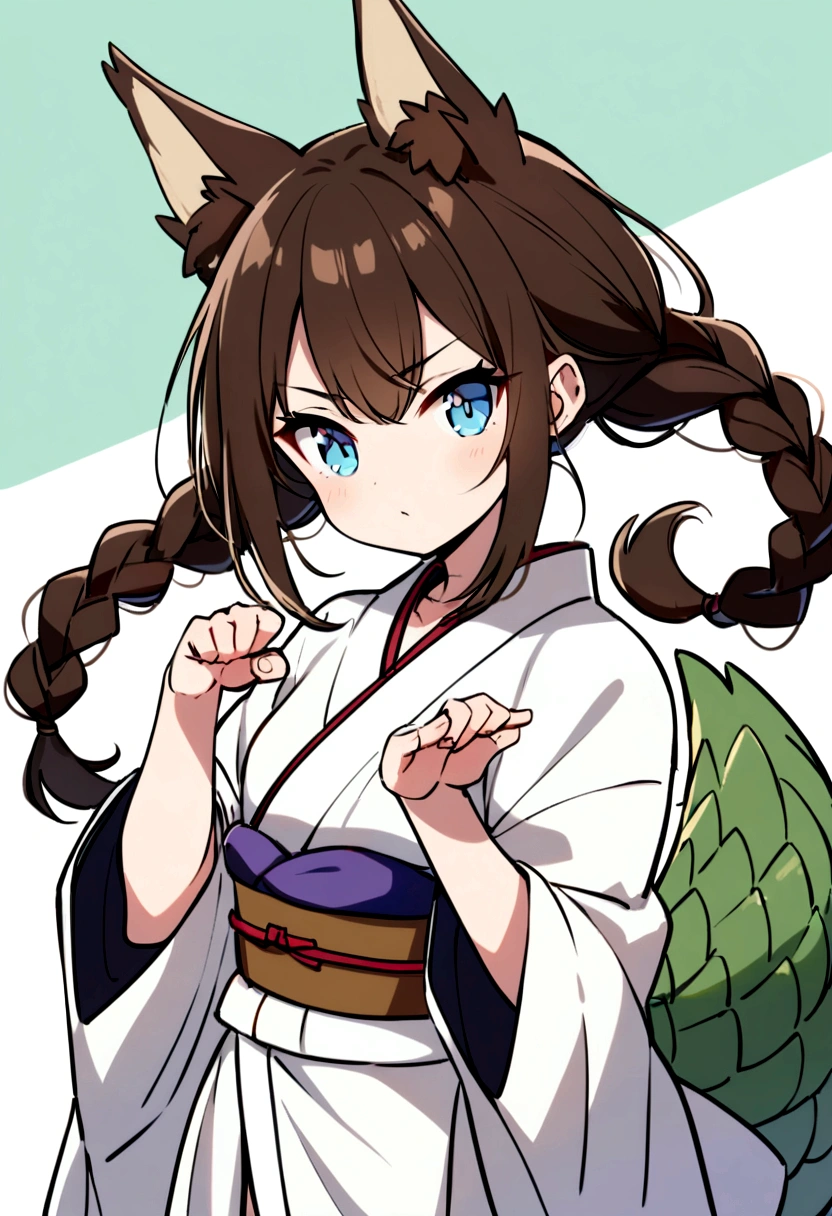 cute young girl, brown hair, long hair, small braids hair, light blue eyes, fox ears, dragon tail, muscular body, small breast, japanese outfit, fight with sword pose