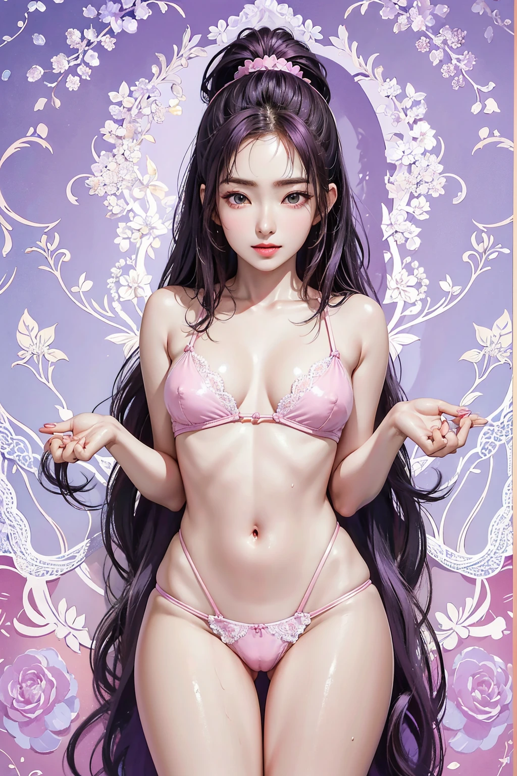 (Finest quality)),(A high resolution),(ultra-detailed art),(Meticulous portrayal),((Best Anime)),(Finest works of art),sharpness,Clear,Ultra-Precision Art,The art of astounding depiction,(masterpiece), high quality, stable diffusion,
short Hair, short ponytail, purple hair, vibrant purple hair, extremely detailed hair, detailed bangs, with bangs,
pretty face, beautiful lips, soft lips,pretty face, close up face, gorgeous beauty,
green eyes,
serious face, pretty nose, beautiful nose, perfect nose, pretty eyes, beautiful eyes, sparkling eyes, detailed eyes, perfect eyes, looking at the camera,
happy, jolly, smiling, seductive, blushing, bukake, happy face, jolly face, excited face,
clear skin,white skin, soft skin, small bust, small breasts, smooth skin, mole in breast,
beautiful girl irene, red velvet irene,
slight cleavage, expose shoulders, perfect body, detailed thighs, detailed legs, perfect hands, perfect arms, detailed hands, detailed breasts, detailed nose, detailed lips, detailed arms, sexy body,
small bra, micro bra, small panty, micro panty, camel toe,
single person, one female only, one human only, one person only, single female, show tongue, sexy thighs, sexy tongue, drooling,
show whole body, fully body woman,
pretty woman,sweaty face, sweaty thighs, sweaty breasts, sexy, seductive, horny, pointy nipples, pinkish nipples, pinkish areola, pinking camel toe,
transparent nipples, transparent panty,
heart hand sign,
slimy hair, slimy wet body, slimy body, slimy breasts,
standing full body, focus on breasts and panty,
show legs, show thighs,