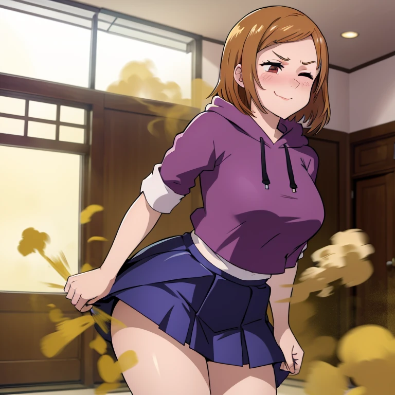 HD, high quality, high resolution, ultrahd, Nobara Kugisaki, 1female, white hoodie, pink skirt, default hair, brown hair, very tall body, thin body, massive fart, yellow smoke, velocity, 1 eye closed, 1 eye opened, forcing, struggling, struggle face, blush, leaning, embarrassed, smiling, skirt blowing, upskirt, alone in a room, beautiful lighting, highlights