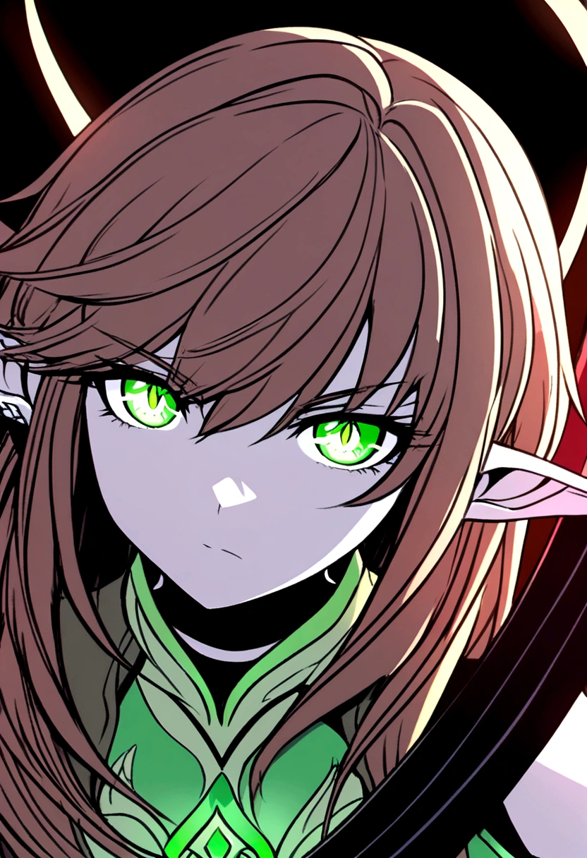 Young elven woman, pale skin, brown hair, green eyes, black short clothes, small, dark fantasy, long ears, bladedancer