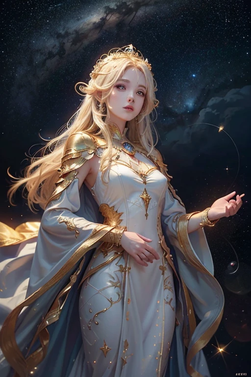 (masterpiece、Highest quality、High resolution、8K、16K)、((Alone in space、Beautiful Goddess、Standing posture、フローティング in the sky like a star))、(whole body)、Golden Cape、White long dress、No sleeve、Gold Bracelet、Blonde Hair、Beautiful brown eyes、Elegant and detailed face、Graceful operation、Raise your right hand、Professional Lighting、The universe is full of light、Countless stars and nebulae、