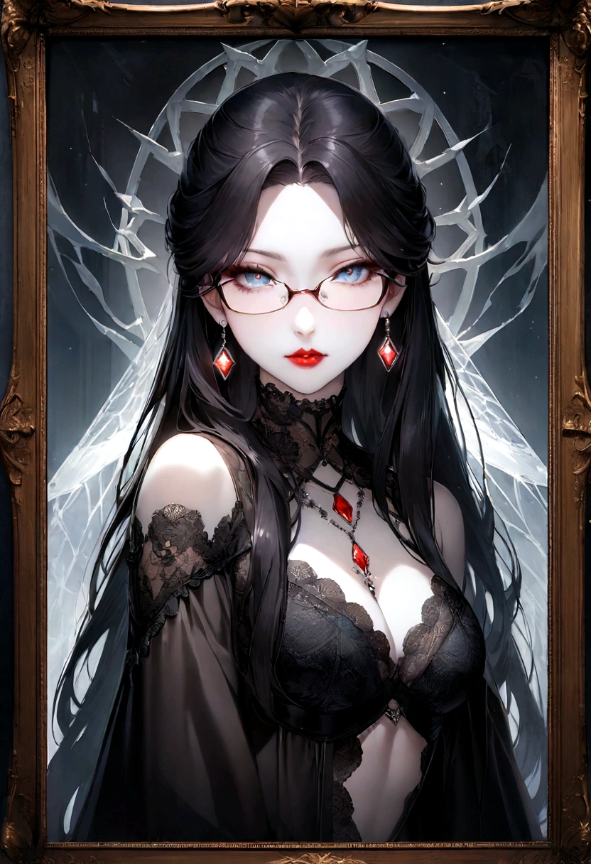 Top CG, Highest image quality, masterpiece, Gentle and beautiful girl, (185cm美女), (fit), Imperial sister, Queen temperament, White skin, ((Long legs)), Perfect facial features, Bright Eyes, Seductive pose, Red lips, Beautiful and cold (A major breakthrough)), Beautiful and heroic, Soft and long hair, shiny, Lace, net, Visible through clear skin, wear glasses, Diamond Earrings, Black skirt), 8K Image Quality, (Realistic Portraits), Characters fill the screen, (Facial lighting), ((eternal)