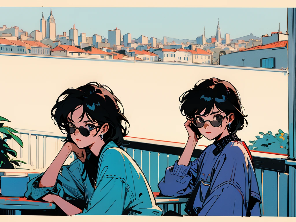 Swedish cityscape、Terrace seats、Cool black hair woman、Break、Wearing sunglasses