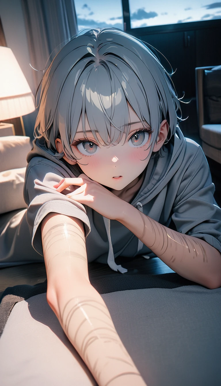 (8K, RAW photos, best quality, masterpiece: 1.4), (((Looking at the white digital lines on my arm))),Ultra-high resolution, Extremely detailed, light, closeup of arms, Handsome man, black eyes, (delicate eyes, Eyes are bright:1.2), Gray short hair, Fair skin,dark, Grey sweatshirt, sweatshirt with hood,(perfect anatomy:1.2), High-quality shadows, Natural Lighting, (white highlights:1.2), night, cloudy day, (at home:1.2), (Room:1.2)
